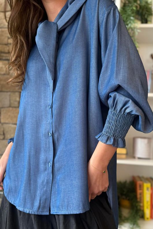 Perfect Chambray Denim Neckerchief Blouse Dark